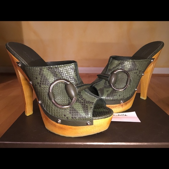 GUCCI NWT Olive Green Python Platform Wood Clogs Very Rare 💕NEW IN BOX - Picture 3 of 10